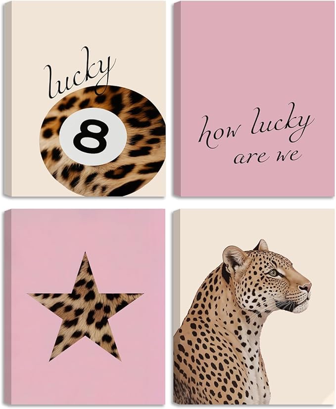 SEHSUVC Pink Lucky Leopard Wall Art Set of 4, Vintage Y2K Preppy Aesthetic Canvas Prints, Lucky 8 Ball Star and Quote Trendy Fashion Wall Decor for Bedroom Dorm Bathroom Home Decor 8x10in Framed