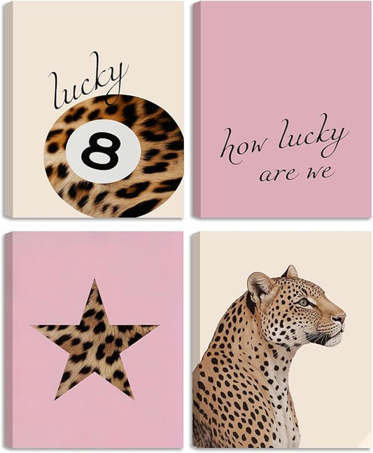 SEHSUVC Pink Lucky Leopard Wall Art Set of 4, Vintage Y2K Preppy Aesthetic Canvas Prints, Lucky 8 Ball Star and Quote Trendy Fashion Wall Decor for Bedroom Dorm Bathroom Home Decor 8x10in Framed