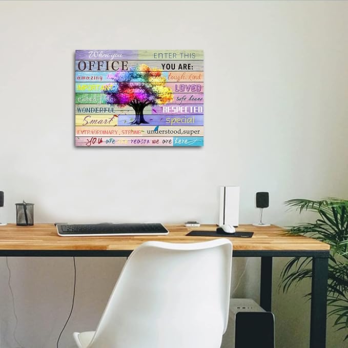 Inspirational Wall Art Office Motto Decor Quotes Colorful Tree Signs Pictures Wonderful Linen Painting Motivational Wall Decals for Home Office Room Decor Framed Canvas Prints 12x16 inches