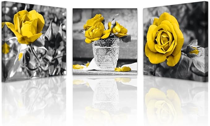 Lapremoly Wall Decor For Bedroom Canvas Wall Art For Kitchen Restaurant Black And White Wall Painting Yellow Rose Pictures Print Art Ready To Hang Girls Gift Room Modern Home Decoration 16"X16"