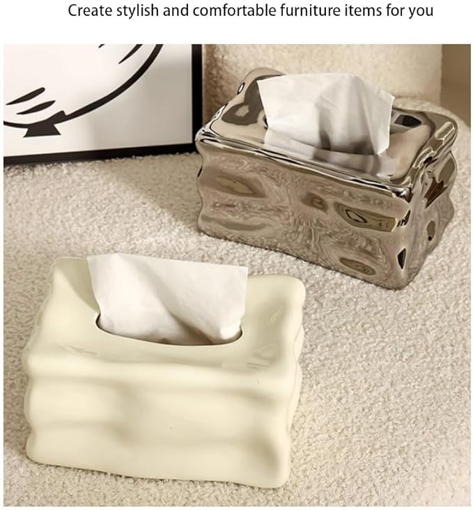 Stylish Tissue Box Ceramics Square Tissue Box Reusable Tissue Box and Tissue Holder Napkin Dispenser for Home Office Restaurant Desks Gifts Modern Tissue Box (Color : Silver) (White)