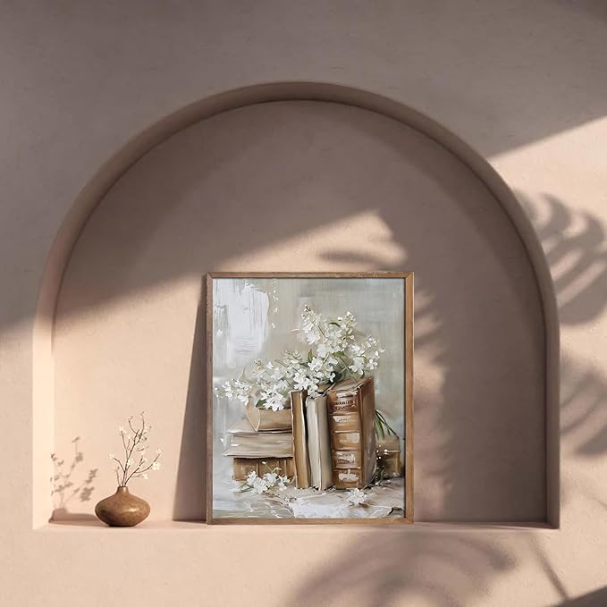 Kizbook Vintage Wall Art Prints, Vintage Books and Flowers Canvas Prints Painting, Antique Floral Wall Decor for Light Academia Cottage Room Decor, Aesthetic Bedroom Art Picture for Living Room Bathroom Gallery Shelf Decoration (8" x 10"-UNFRAMED)