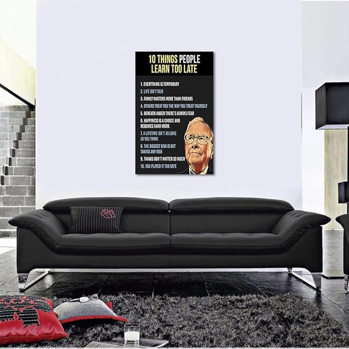 Warren Buffett Quotes Ten Things People Learn Too Late Motivational Office Wall Art Poster and Print Inspirational Home Wall Decoration Pictures Framed 28" Wx44 H