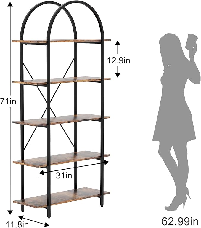 Arched Bookshelf 5 Tier Book Shelf, 31.5 Inch Width Industrial Arch Bookcase, Curved Tall Bookshelf with Open Shelves for Home Office, Living Room, Bedroom, Rustic Brown