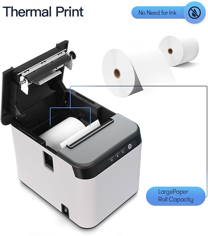 Bisofice 80mm Receipt Printer ESC/POS Thermal Printer Desktop Direct Print USB+LAN Connection High Efficiency with Auto Cutter Large Paper Bin for Shipping Business Restaurant Kitchen Supermarket