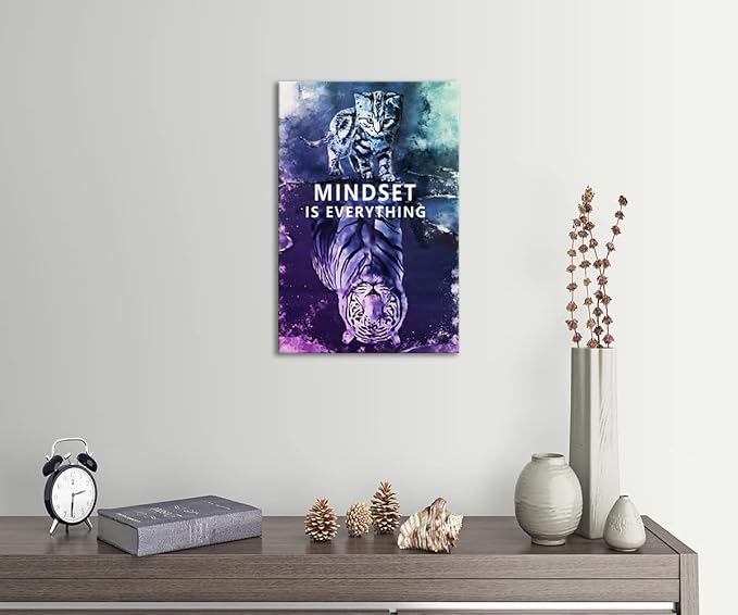 Mindset is Everything Inspirational Canvas Wall Art Small Cat Big Tiger Picture Prints Poster Modern Motivational Painting Artwork Home Office Wall Decorations Framed Ready to Hang[12"W X 18"H]