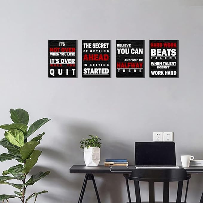 Red Black Motivational Canvas Wall Art Gym Office Wall Decor Sign - Work Hard Beats Talent - Believe You Can - It's Not Over When You Lose