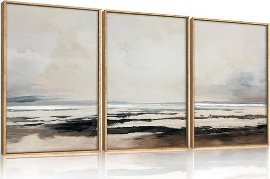 HOURIA Large Neutral Abstract Gray Framed Wall Art Set,Minimalist Modern Beige Brown Landscape Wall Decor,Wilderness Filed Artwork,Watercolor Misty Lake Print for Living Room,Bedroom,Office-16 x24 x3
