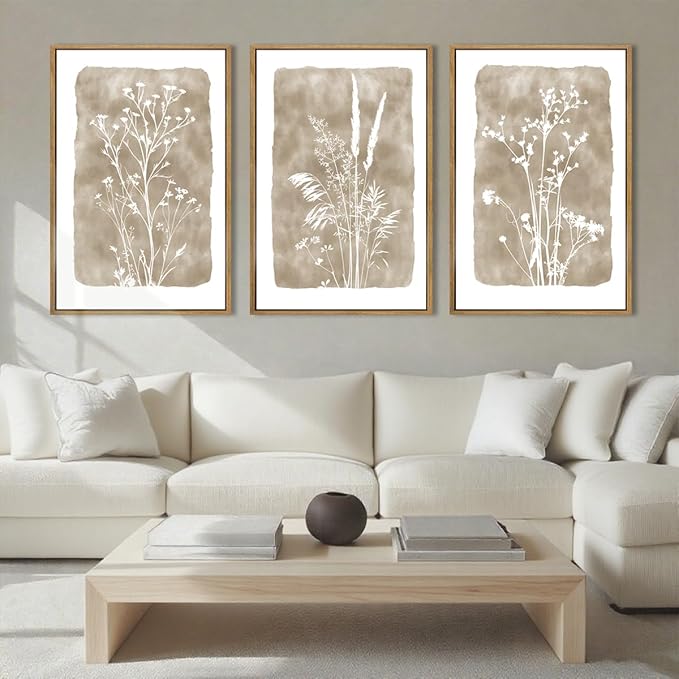 ANHUIB Beige Neutral Floral Canvas Wall Art 16x24 Inch Framed Beige Brown Botanital Wall Decor Large Rustic Farmhouse Wildflower Artwork Vintage Plant Art Prints Set of 3 for Living Room Bedroom Office