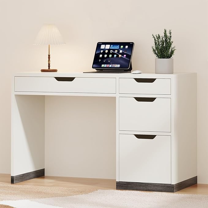 White Desk with Drawers, Small Home Office Desk with 4 Storage Drawers for Small Space, Study Writing Desk for Bedrrom