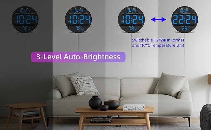 Digital Wall Clock with Large LED Display, Date, Temperature, Auto-Brightness | Small [PLUG-IN] Clock | Modern Electric Wall Clock for Bedroom, Classroom, Living Room, Home, Office, Farmhouse - Blue