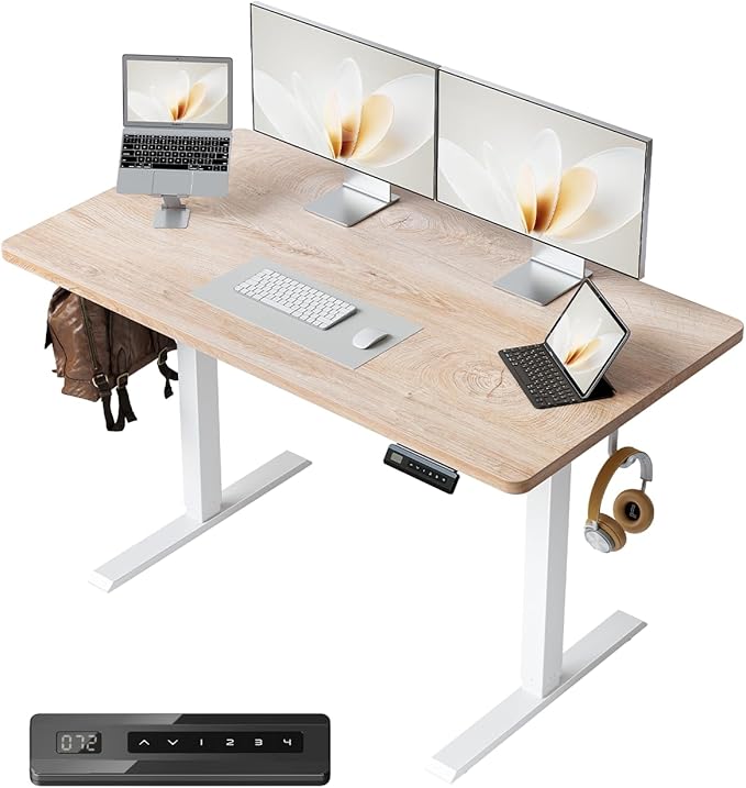 CubiCubi 40 x 24 Small One-Piece Standing Desk, Adjustable Height Electric Computer Home Office Sit Stand up Workstation, with 4 Memory Presets, Headphone Hook, Maple