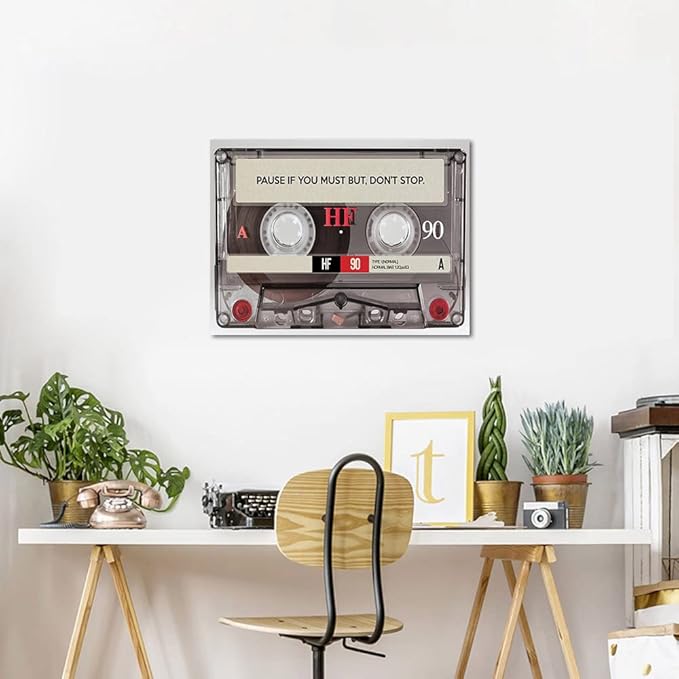 Pause If You Must but Don't Stop Positive Quotes Posters and Prints Inspirational Canvas Wall Art Retro MUSIC LOVER TAPE Artwork Motivational Home Office Decor Wooden Framed Ready to Hang-24 Wx18 H