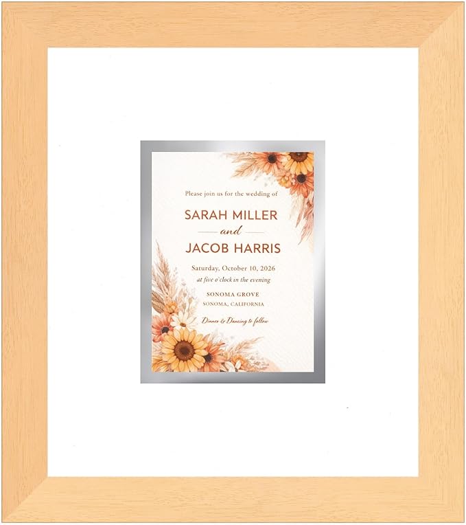 Poster Palooza Wedding Invitation Display Frame 10x11.25 in Natural With White and Metallic Silver Double Mat for 4.25x5.5 A2 Keepsake | USA Made