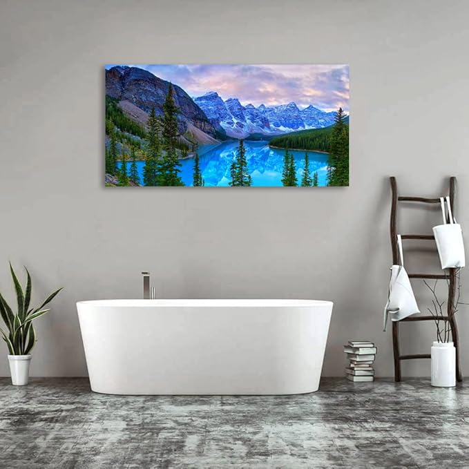 Mountain Lake Wall Art Living Room Wall Decor Banff National Park Nature Landscape Canvas Picture Blue Sky Water Forest Canvas Print Artwork for Bedroom Office Home Framed Ready to Hang 30" x 60"