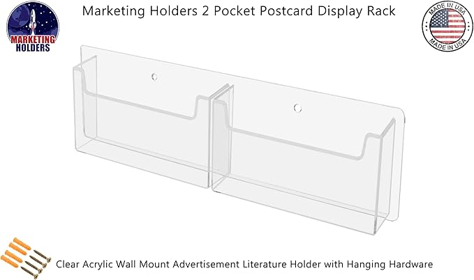 Marketing Holders Postcard Holder Clear Acrylic 2 Pocket Horizontal Wall Mount Display With Hanging Hardware Display Rack Greeting Cards Distribution Bin For Business Owners and Hotels