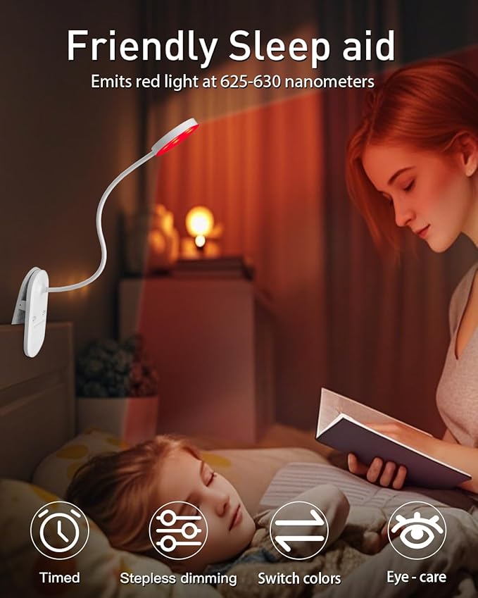 Diomart Rechargeable LED Desk Lamp, Clip on Dimmable Reading Light with Timer, Red Light Sleep Aid Bedside Lamp for Workbench, Kids, Studying, Home