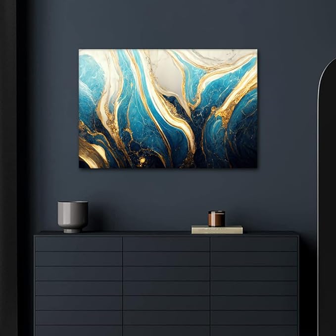 Modern Canvas Wall Art for Office 1 Panel Abstract Marble Art Poster Turquoise Gold and White Colors Picture Prints for Native Americans Living Room Home Wall Decor Stretched Ready to Hang 36x24 in