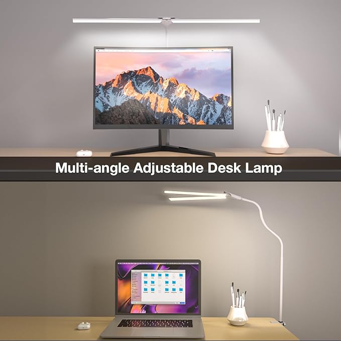 LED Desk Lamp with Clamp, Double Head Desk Light for Home Office, Dimmable Desktop Light, 12W 1400lm Eye-Caring Architect Table Lamp for Workbench Monitor Computer Reading Study, White