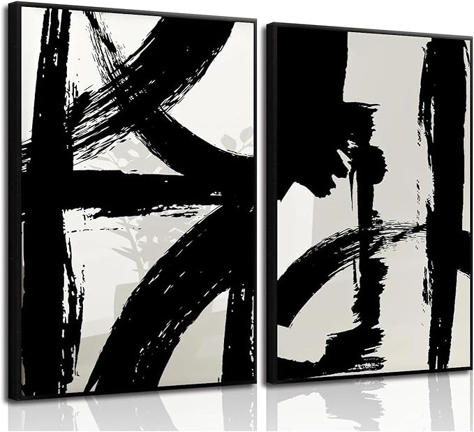 Set of 2 Framed Black and White Brush Stroke Canvas Wall Art Modern Abstract Minimalist Ink Line Painting Retro Mid-Century Geometric Poster Prints for Office Home Decor (12inx16in Framed)