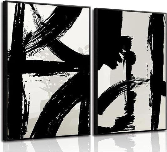 Set of 2 Framed Black and White Brush Stroke Canvas Wall Art Modern Abstract Minimalist Ink Line Painting Retro Mid-Century Geometric Poster Prints for Office Home Decor (12inx16in Framed)