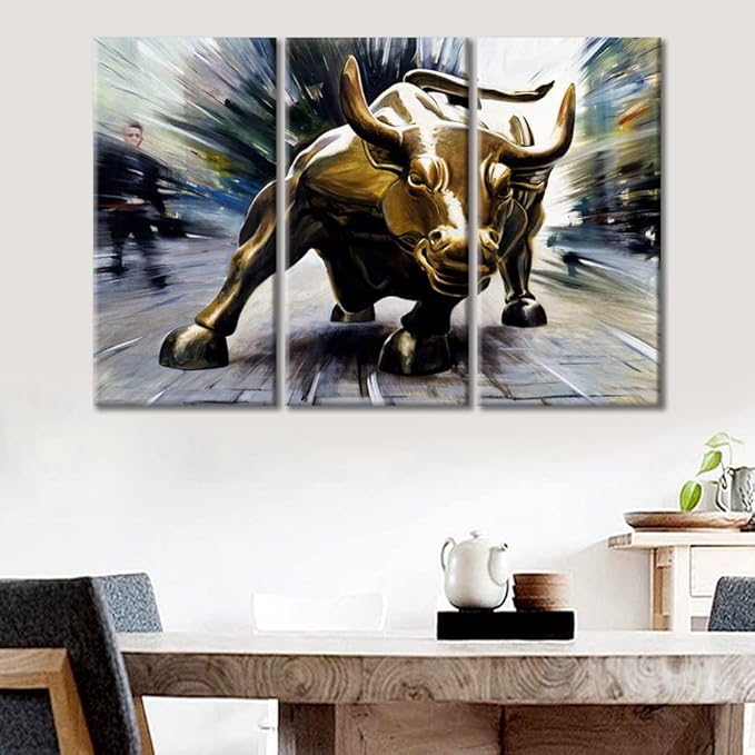 TUMOVO Paintings for Wall Decor 3 Pieces Wall Street Bull Canvas Wall Art for Living Room Bathroom Bedroom Kitchen Decoration Modern Giclee Prints Stretched and Framed Ready to Hang - 36" Wx24 H