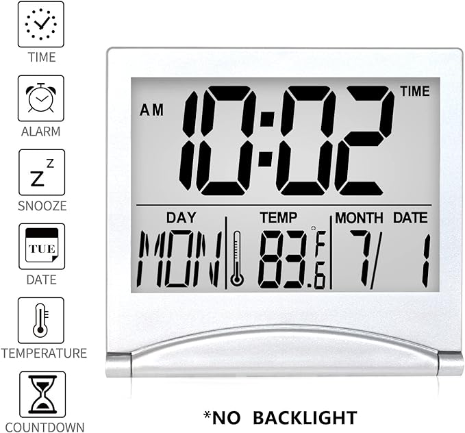 Betus Digital Travel Alarm Clock - Foldable Calendar Temperature Timer LCD Clock with Snooze Mode - Large Number Display, Battery Operated - Compact Desk Clock(Silver, No Backlight)