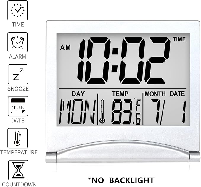Betus Digital Travel Alarm Clock - Foldable Calendar Temperature Timer LCD Clock with Snooze Mode - Large Number Display, Battery Operated - Compact Desk Clock for All Ages (Silver Pack of 2)
