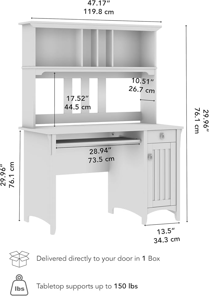 Bush Home Salinas Computer Desk with Hutch | Study Table with Drawers, Cabinets & Pullout Keyboard/Laptop Tray | Modern Home Office Desk in Pure White and Shiplap Gray | Work Desk with Storage