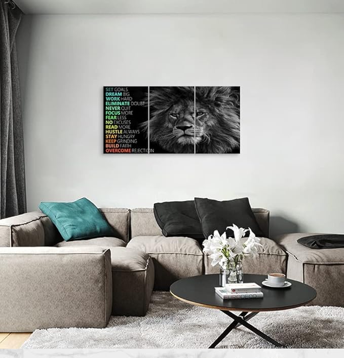 Motivational Lion Canvas Wall Art Office Wall Decor Inspirational Posters Entrepreneur Quote Canvas Print Paintings Framed 3 Panels Artwork Living room Home Decor Ready to Hang[48''Wx 24''H]