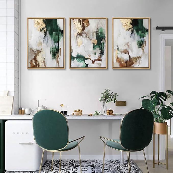 3Pcs Green and Gold Canvas Wall Art Abstract Posters Print Brown and Gray Line Pictures Decor for Living Room Bedroom Bathroom Home Decoration Unframed