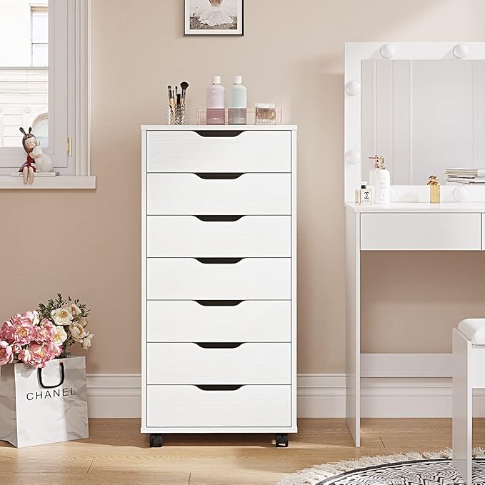 Panana 7 Drawer Mobile File Cabinet, Wooden Under Desk Storage with Wheels Office Organization Vertical Filing Chest of Drawers for Home Office (White)