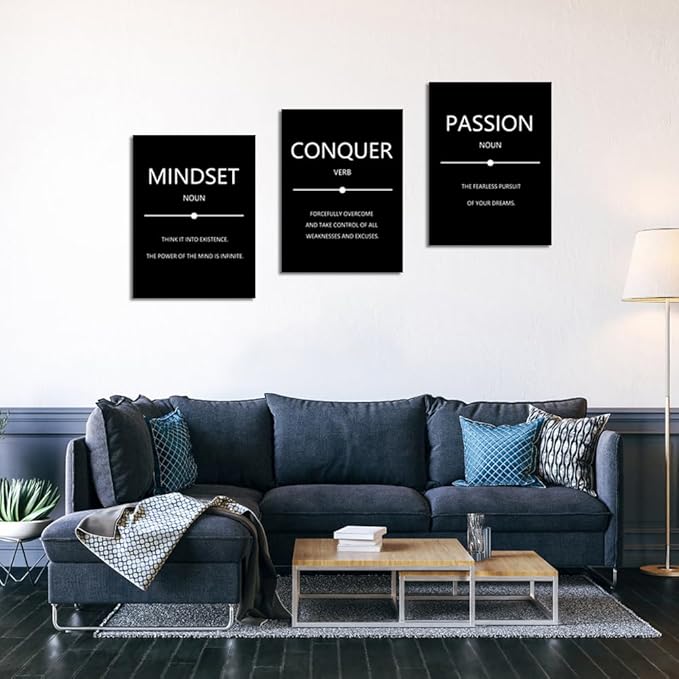 Unbruvo Motivational Wall Decor for Office, 3 Pieces Inspirational Canvas Wall Art, Mindset Passion Conquer Canvas Poster, Positive Quotes for Entrepreneur Meeting Room Lobby Bedroom(48''Wx 24''H)