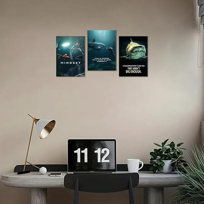 Motivational Wall Art - Framed Shark Poster Inspirational Canvas Prints Positive Quotes Wall Decor for Home, Office & Bedroom Living Room (20" x 28"x 3 Panel)