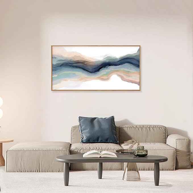 HLNIUC Navy Blue Abstract Framed Canvas Wall Art, Watercolor Wave Line Horizontal Wall Decor, Long Teal Orange Coastal Artwork(40"x20"), Large Neutral Modern Prints for Living Room, Bedroom, Office