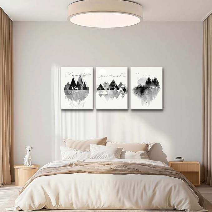 hyidecorart Canvas Wall Art For Living Room Large Wall Decor For Bedroom Office Decoration Black And White Abstract Wall Painting Geometry Mountain Wall Pictures Artworks Room Home Decor 3 Piece