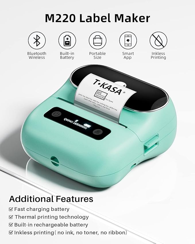 Phomemo M220 Label Maker Green & 1 Roll Transparent Thermal Label 1.96"x1.18"(50x30mm), Upgrade 3 Inch Barcode Portable Printer, for Office & Small Business, Compatible with Phones&PC