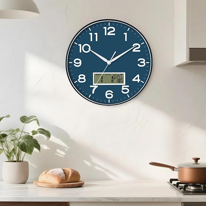 AKCISOT Wall Clock 12 Inch, Non-Ticking Silent Battery Operated Analog with LCD Display for Perpetual Calendar and Temperature, Ideal Modern Decor for Home, Bedroom, Kitchen, Office (Blue)