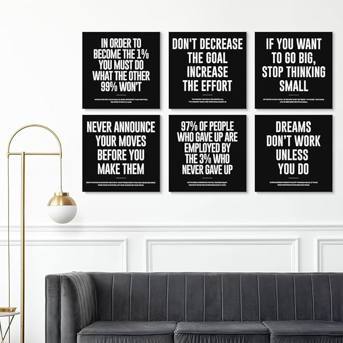 GUBIYU Black and White Motivational Wall Decor for Classroom Guys Mens Wall Art Motivational Quotes Wall Art Canvas Prints Entrepreneur Bundle Set of 6 Pcs,Entrepreneurship Office Decor Framed 12"X12"