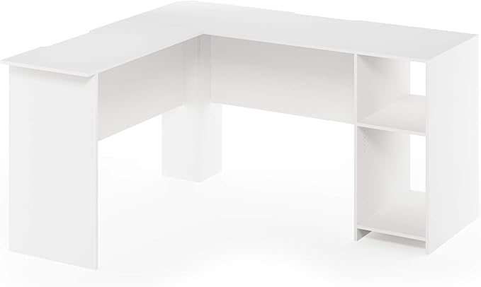 Furinno Indo L-Shaped Computer Desk with Bookshelf, White
