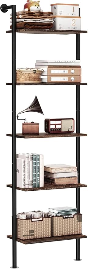 5-Tier Bookshelf Solid Wood Ladder Shelf, Narrow Book Shelf Display Shelf, Wooden Bookcase, Wall Mount Ladder Shelf, Storage Rack for Living Room, Bedroom, Industrial Style, Dark Brown