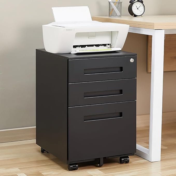 3-Drawer Mobile File Cabinets Rolling Metal Filing Cabinet for Legal & Letter File Anti-tilt Design with Lock Under Desk Office Drawers Fully Assembled Except Casters (Matt Black)