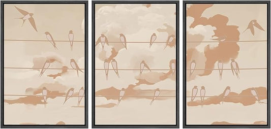 SIGNWIN Framed Canvas Print Wall Art Set Minimal Birds on Wires Neutral Sky Illustrations Modern Art Decorative Nordic Abstract for Living Room, Bedroom, Office - 16"x24"x3 Black
