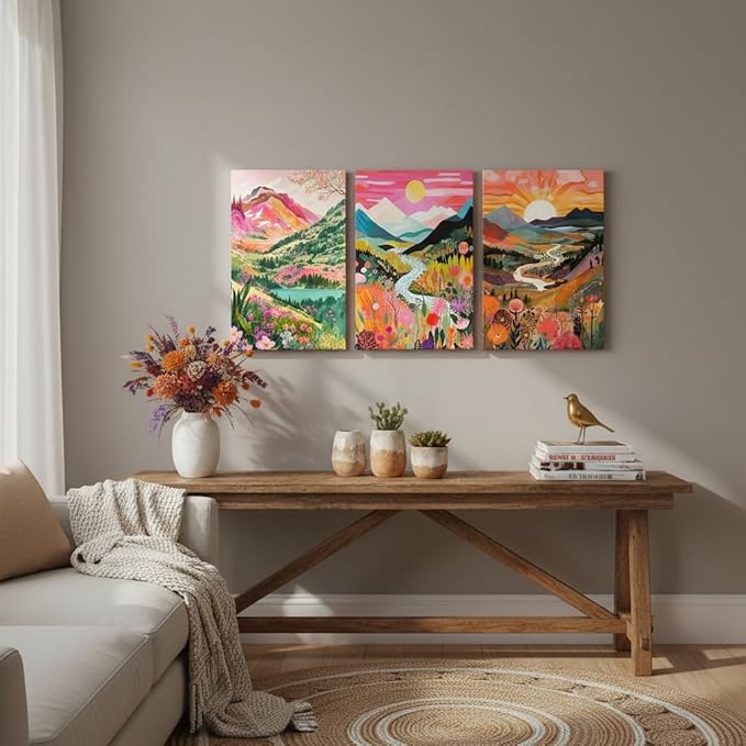 3Pcs Colorful Watercolor Mountain Canvas Wall Art Boho Floral Painting Picture Wall Decor Abstract Nature Landscape Poster Print Artwork for Living Room Bedroom Bathroom Office Home Decoration 12x16in