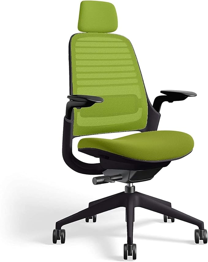 Steelcase Series 1 Office Chair with Headrest, Graphite Frame, Cogent Connect Wasabi, Hard Floor Casters