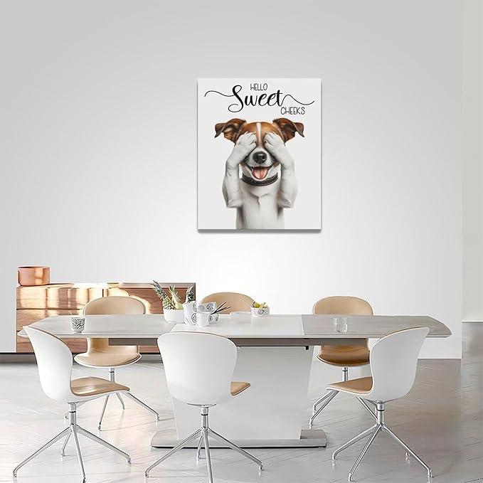 Bathroom Dog Wall Art Funny Dog Bathroom Pictures Wall Decor Hello Sweet Cheeks Toilet Bathroom Canvas Painting Home Modern Artwork Decorations Framed for Restroom 16 x 20 inch