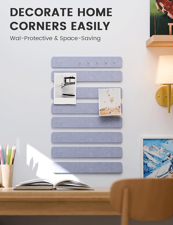 Fluxynara Cork Board Alternative Felt Strip Board 8-Pack 13"x2", Office Pin Board with 50 Push Pins, Adhesive Install for Bedroom Door & Home Office(Soft Periwinkle)