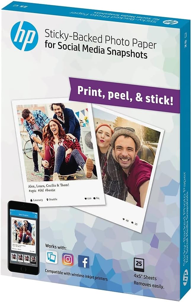 HP Photo Paper, Sticky Back Social Media Snapshots, (4x5 inch), 25 Sheets, Model:1BG59A