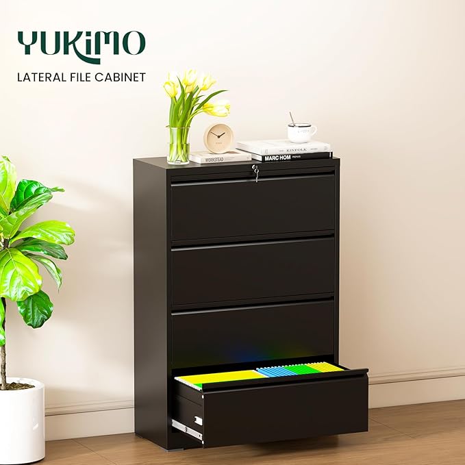 4 Drawer Lateral File Cabinet, Metal File Cabinets for Home Office with Lock, Large Filing Storage Cabinet Printer Stand, Steel Wide File Cabinet for Legal/A4/F4/Letter,Require Assembly, Black