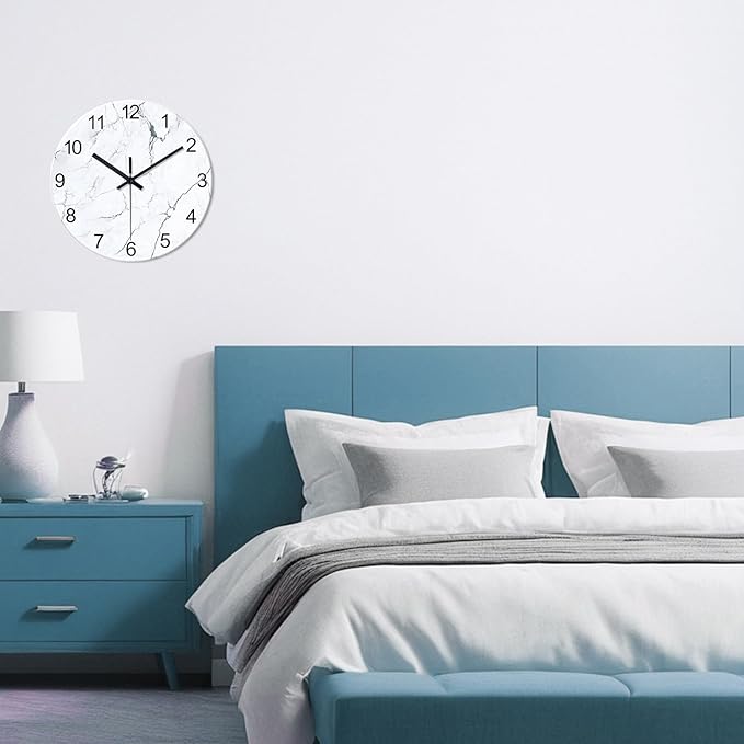 Modern White Marble Glass Wall Clocks Battery Operated 14 Inch Abstract Decorative Wall Clocks Round Minimalist Silent Wall Clock for Living Room